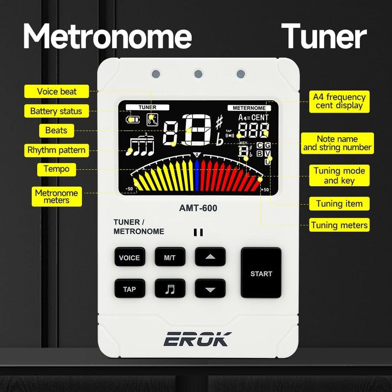 EROK Digital Metronome & Tuner - All-in-One Rechargeable Device with Stereo Headphone Output, Voice Counting, Ideal for Guitar, Bass, Violin & String Instruments (White) - Image 5